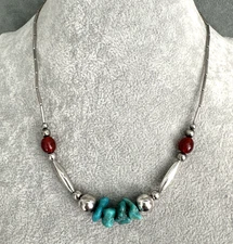 Vintage Kingman Turquoise 17" Liquid Silver Necklace Sterling Glass Beads Navajo