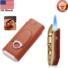 Galiner Cedar Leather Holder 3 Tube Travel Cigar Case Cutter Cigar Lighter Gift