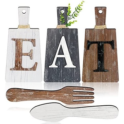 Jetec Cutting Board Eat Sign Set Hanging Art Kitchen Eat Sign Fork and Spoon