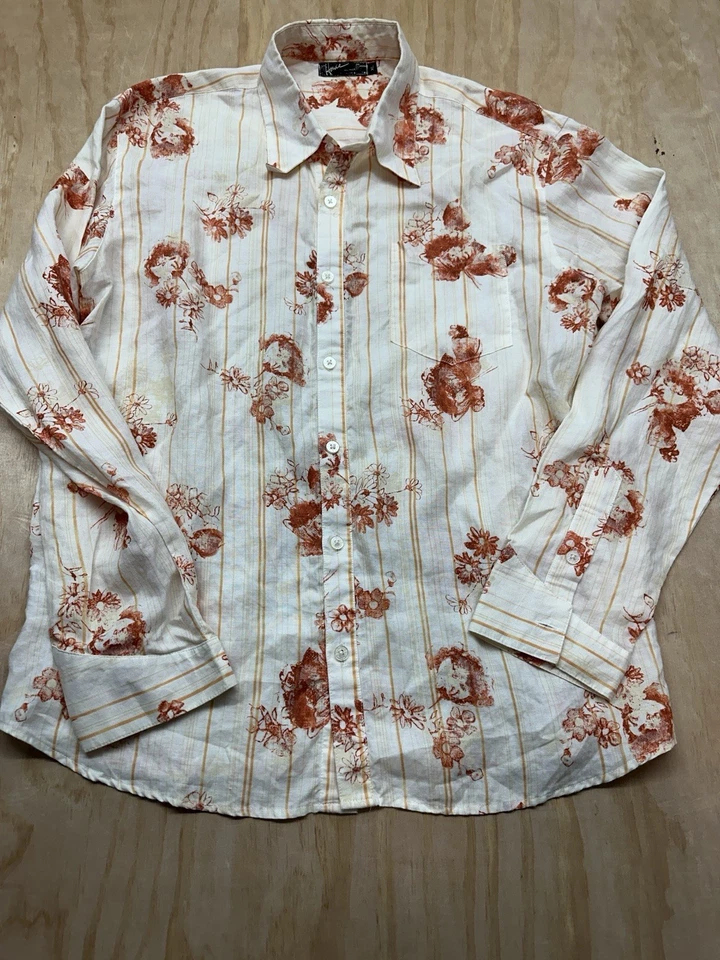 Camisa Groovy Retro Para Hombres Años 70 Con Botones HOWE Era Disco Amarillo Naranja Rayas XL Foto 2 de 4