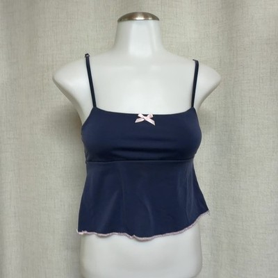 EDIKTED Navy Blue Camisole Tank Top Pink Bow Lettuce Edge Stretch sz S