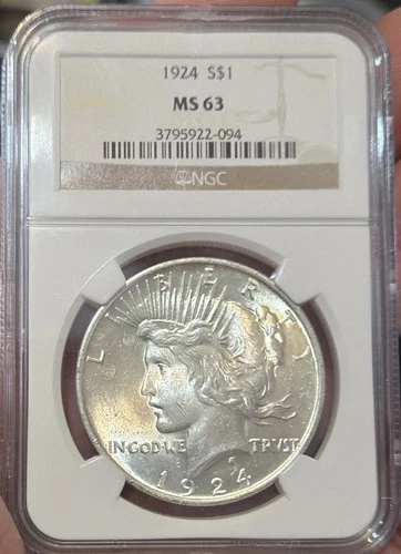 1924  PEACE SILVER DOLLAR  - $1 - "PHILADELPHIA MINT"  NGC MS63