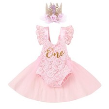 Baby Girl's 1st First Birthday Cake Smash Outfit Flutter Short Sleeve Lace Ro...
