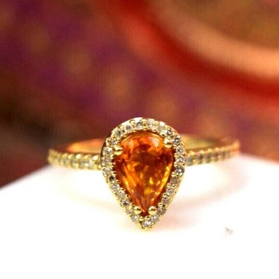 Solid 14k Gold Natural Yellow Sapphire and Diamonds Halo Engagement Ring D512