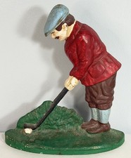 Vintage GOLFER Painted Cast Iron Door Stop Bookend Sculpture Golf Golfing