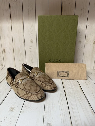 Mocassins Gucci Jordaan GG Supreme en toile Horsebit camel/ébène/beige taille 36/6