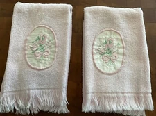 Vintage Light Pink Embroidered Floral Fieldcrest Hand Towels, Set Of 2