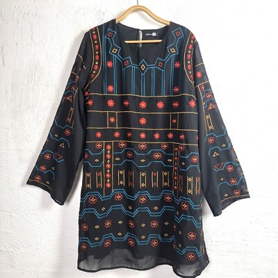 New BOOHOO Womens Shift Dress Plus Size 18 Black/Red/Yellow/Blue Embroidered 