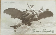 New Year 1920 Realphoto Fantasy Aviation Postcard, Art Nouveau Clay French Rppc