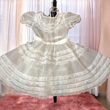 Girls Vintage Party Circle Dress Sheer White Chiffon Ruffled Lace Trim Size 7