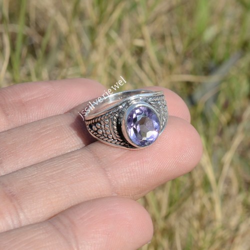 Bague Homme En Argent 925 Avec Améthyste Naturelle à Facettes Ovale - Fait Main, Style Vintage
