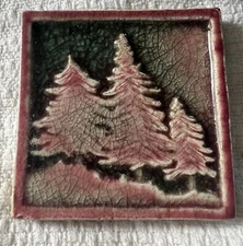 Arts & Crafts Glazed 1 Tile of  Pine Trees Crackled Glaze 4" Green Pink 6 avail