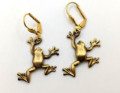 Vtg DANFORTH Pewter Tree Frog Dangle Earrings Signed 1992 Gold Tone 1990s
