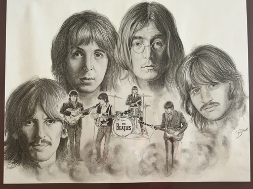 Beatles 1976 Glen Bamse Pencil Charcoal Drawing Vintage Framed - Picture 2 of 3