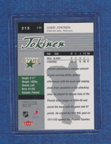 Tarjeta de novato 2005-06 NHL Fleer Ultra Hockey # 215 Jussi Jokinen - Imagen 2 de 2