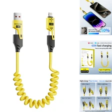 4in1 Coil Spiral Cable Charger For iPhone 16 15 14 13 12 Samsung S25 S24 S23 S22