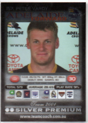 2001 AFL TEAMCOACH SILVER PREMIUM CARD - 157 Peter VARDY (ADELAIDE)