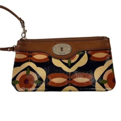 Fossil Key-Per Flower Floral Coated Canvas Brown Leather Wristlet