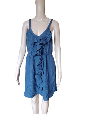 Rebecca Taylor Womens Sleeveless Blue Silk Ruffled Aline Dress Pocket Size 8