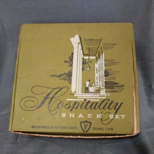 Vtg Federal Glass Homestead Hospitality Snack Set 4 plates cups Dessert Set