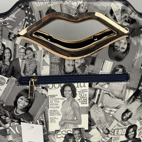 NWT Large Handbag Purse Magazines Michelle Barack OBama Patent Gold Lip Handle - Picture 7 of 12