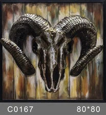 Ram's Head Hanging Wall Art Mounted Mixed Media Metal  Wood Painting Ram Skull