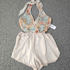 NWT Anthropolgie Rya Sequin Halter Romper Nude Sheer Mesh Floral S