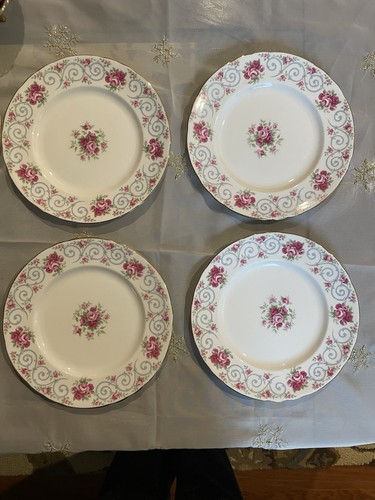 A Set Of 4 Tuscan Pink Rose Swirl Blue Antoinette Pattern Salad Plates 8.25” - Picture 1 of 5