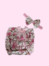 Pink Flower Polk Satin Ruffle Diaper Cover Baby with matching hairbow