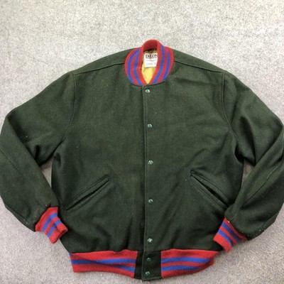 Vintage DeLong Jacket Mens 48 Green Wool Bomber Varsity Snap Front Striped USA