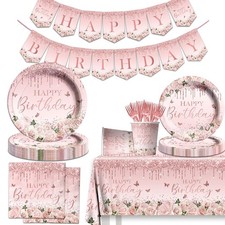 142Pcs Pink Rose Gold Birthday Party Supplies - Pink Birthday Party Tableware...