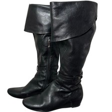 Via Spiga Black Leather Knee High Boots Women 6 Slouch Riding Zip Low Heel