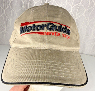 Motor Guide Never Stop Black Red on Tan Hat Cap Hook Loop Digital Hook Loop