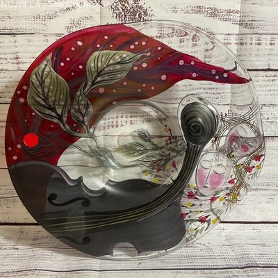 Signed 1990 IRWIN EISCH Hand Painted Women & Violin Decorative Glass Bowl- 14''
