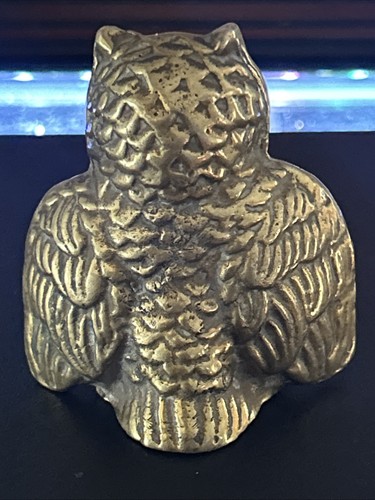 Statuina gufo pesante in ottone massiccio vintage 2 pollici fermacarte gufo - Foto 8 di 10