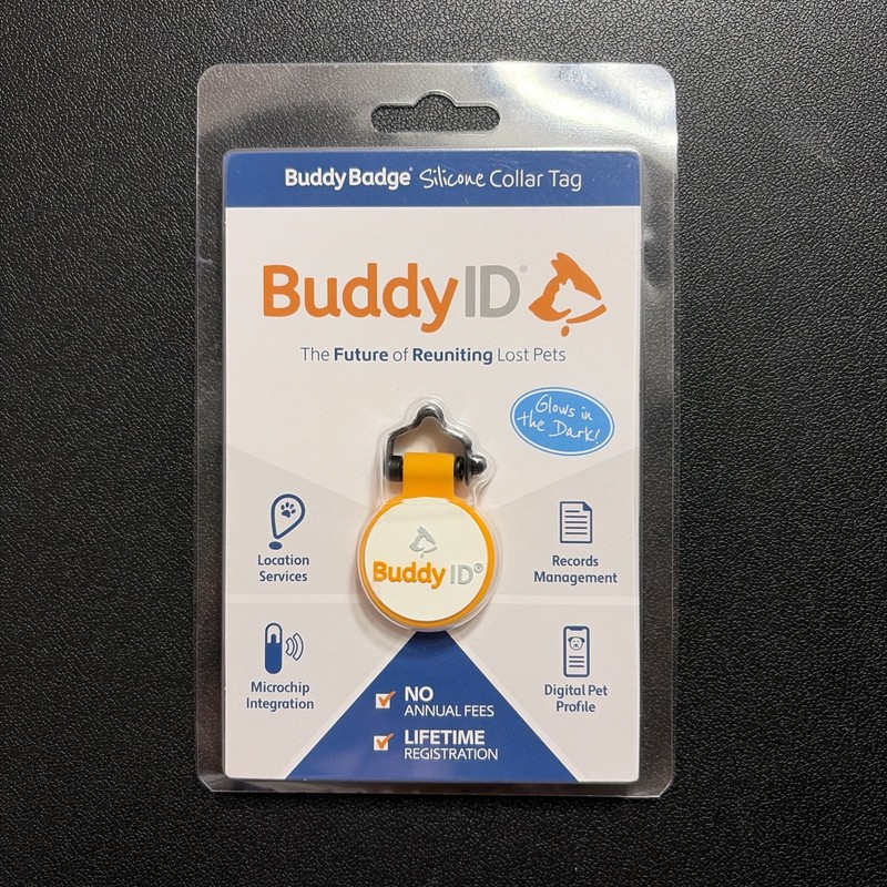 Buddy ID BuddyBadge Silicone Dog Collar Tag Yellow Glows Microchip Integration