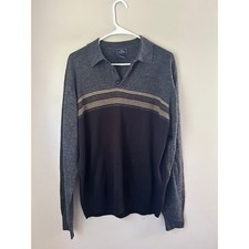 Dockers Mens Gray  Black Striped Long Sleeve Collared Sweater Grandpa Normcore