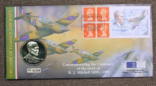 GB 1995 philatelic numismatic FDC - RJ Mitchell Spitfire designer with medal