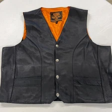 Milwaukee Mens 54 Black Premium Leather Biker Riding Vest Orange Lined V-Neck 3X