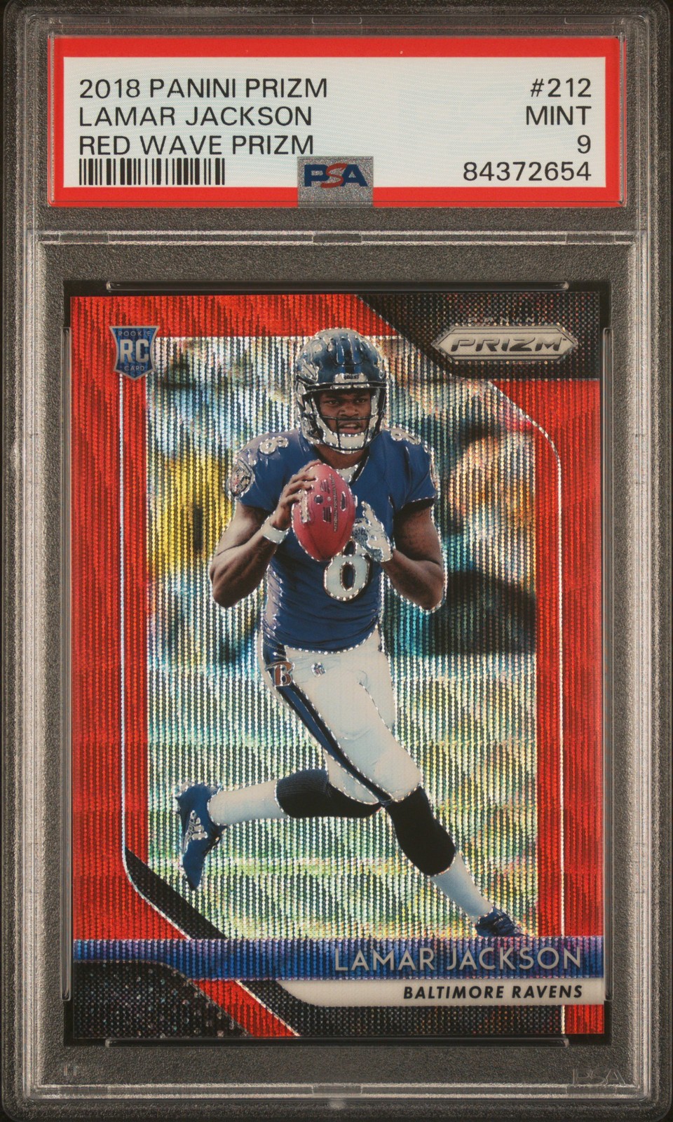 2018 PANINI PRIZM RED WAVE PRIZM #212 LAMAR JACKSON ROOKIE RC 120/149 PSA 9