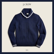 NEW J. Crew Cotton Cable-Knit Tipped Shawl-Collar Sweater Navy Blue Size L $128