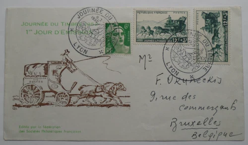 STAMPMART : FRANCE LYON 1952 HORSE CARRIAGE FDC USED TO BRUXELLES BELGIUM