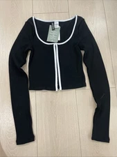 Divided H&M Crop Top Hook & Eye Ribbed Long Sleeve Contrast Trim Black White XS