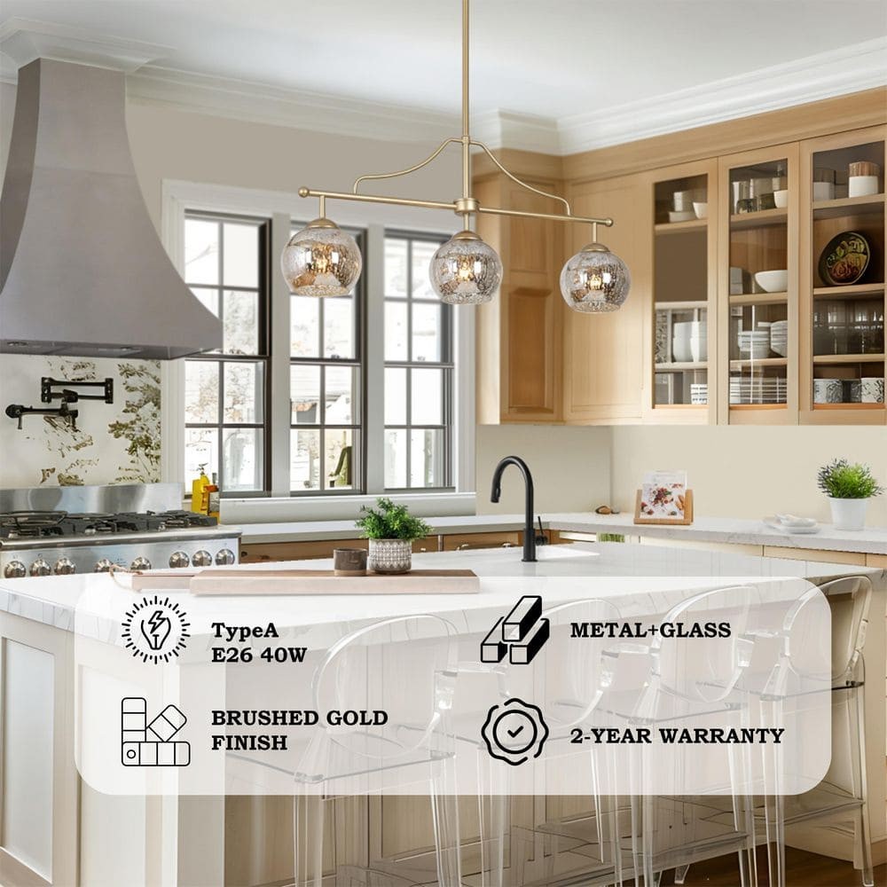 Zevni 3-Light Modern Gold Linear Kitchen Island Chandelier w/ Mercury Glass