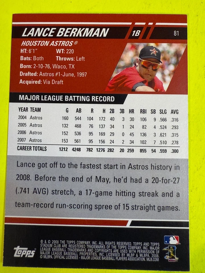 69311 2008 Stadium Club First Day Issue  #81 Lance Berkman ASTROS - Image 2 of 3