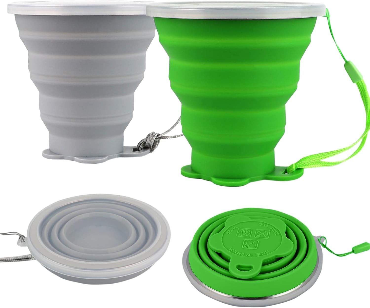 ddLUCK Silicone Collapsible Camping Cup, 2 Pack 320ml Foldable Travel Mug, Fold
