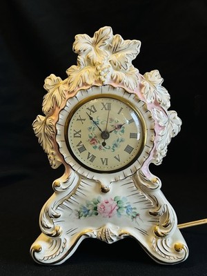 VTG Johnson Hand Decorated China Floral Electric Mantel Clock Gold Trim WORKS