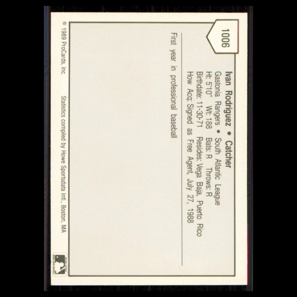 Ivan Rodriguez #1006 1989 ProCards Minor League Team Sets Gastonia Rangers Card - Image 2 of 3