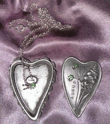 Vintage TORINO Pewter August Peridot Birthstone Earrings Necklace Brooch Box Set