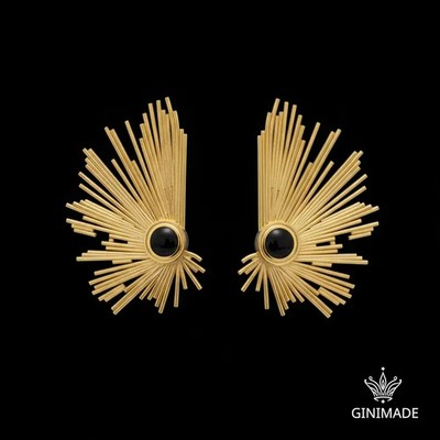 Art Deco Brass Sunburst Earrings with Black Onyx